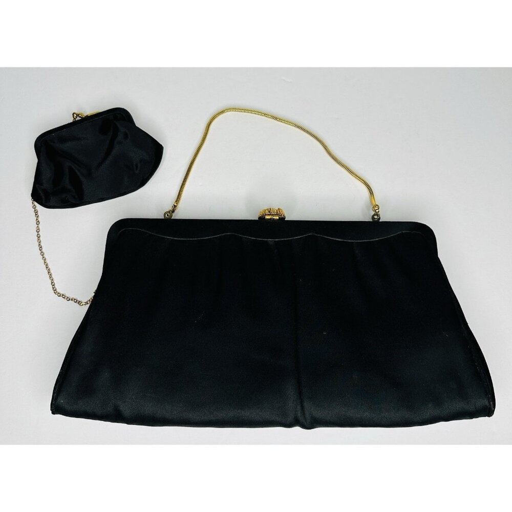 Harry Levine HL Purse Clutch Evening Chain Black Gold Tone Closure & Coin Purse